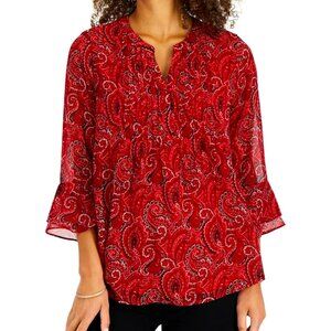 NEW! Charter Club Damask Pleated Top Red‎ 3/4th Sleeves Paisley PS MSRP: $69.50